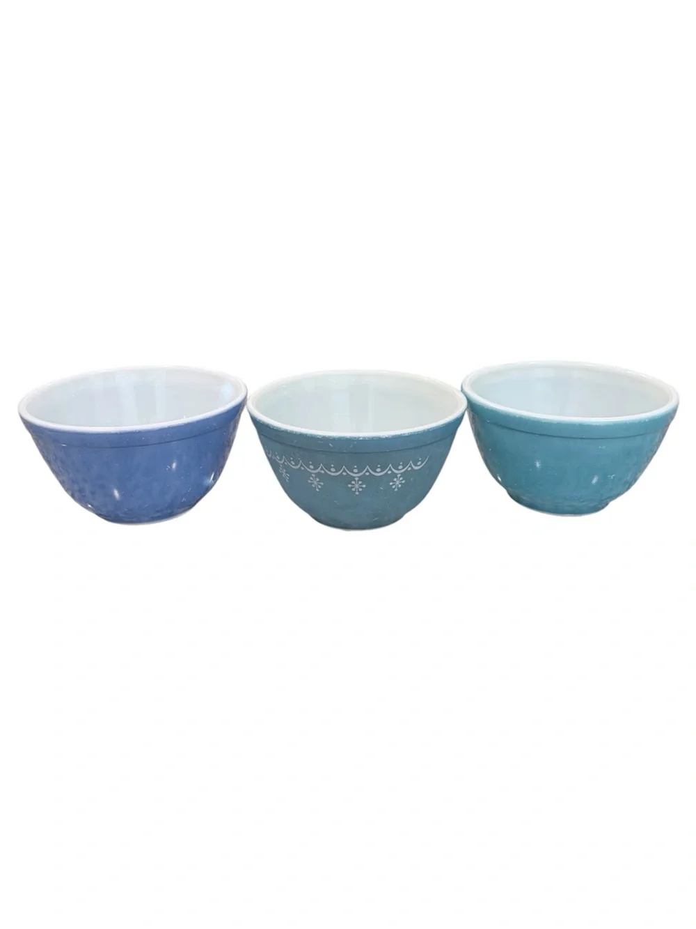 3 Vintage Pyrex 401 Mixing Bowls 1 1/2 PINT -blue, Turquoise & snowflake garland